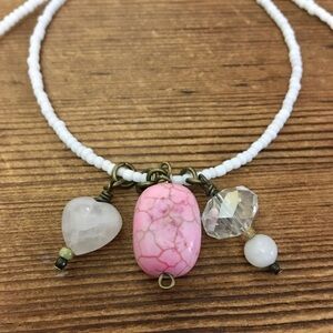 Beaded Charmed Pendant Ladies Necklace,  Pink Turquoise and White Neckla…